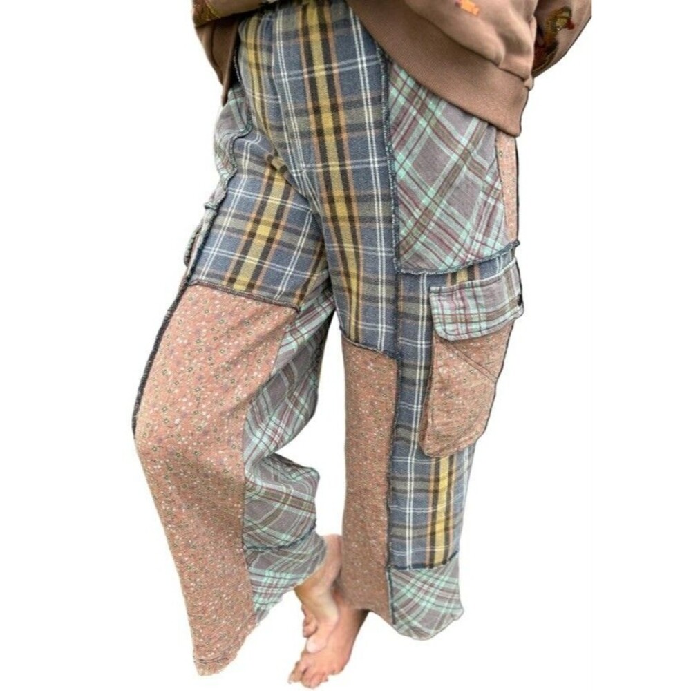Pol Mixed plaid Wide Leg Pants. Drawstring. Pockets. Wide Leg. Boho. Festival. S